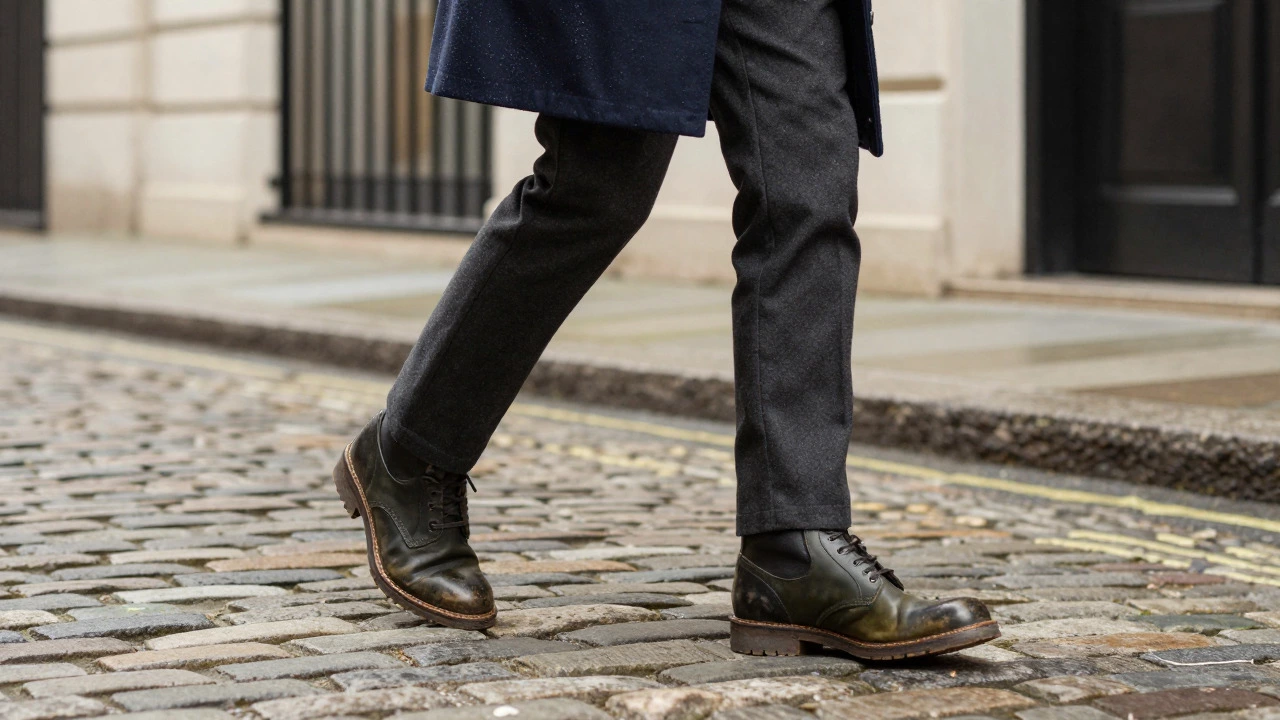 Close up of sturdy leather boots and layered neutral clothing on London cobblestones