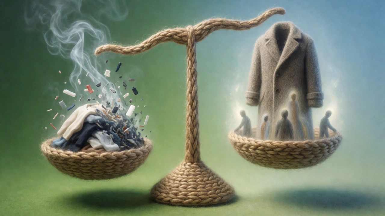 Conceptual scale balancing dissolving synthetic clothes against a sturdy wool coat.