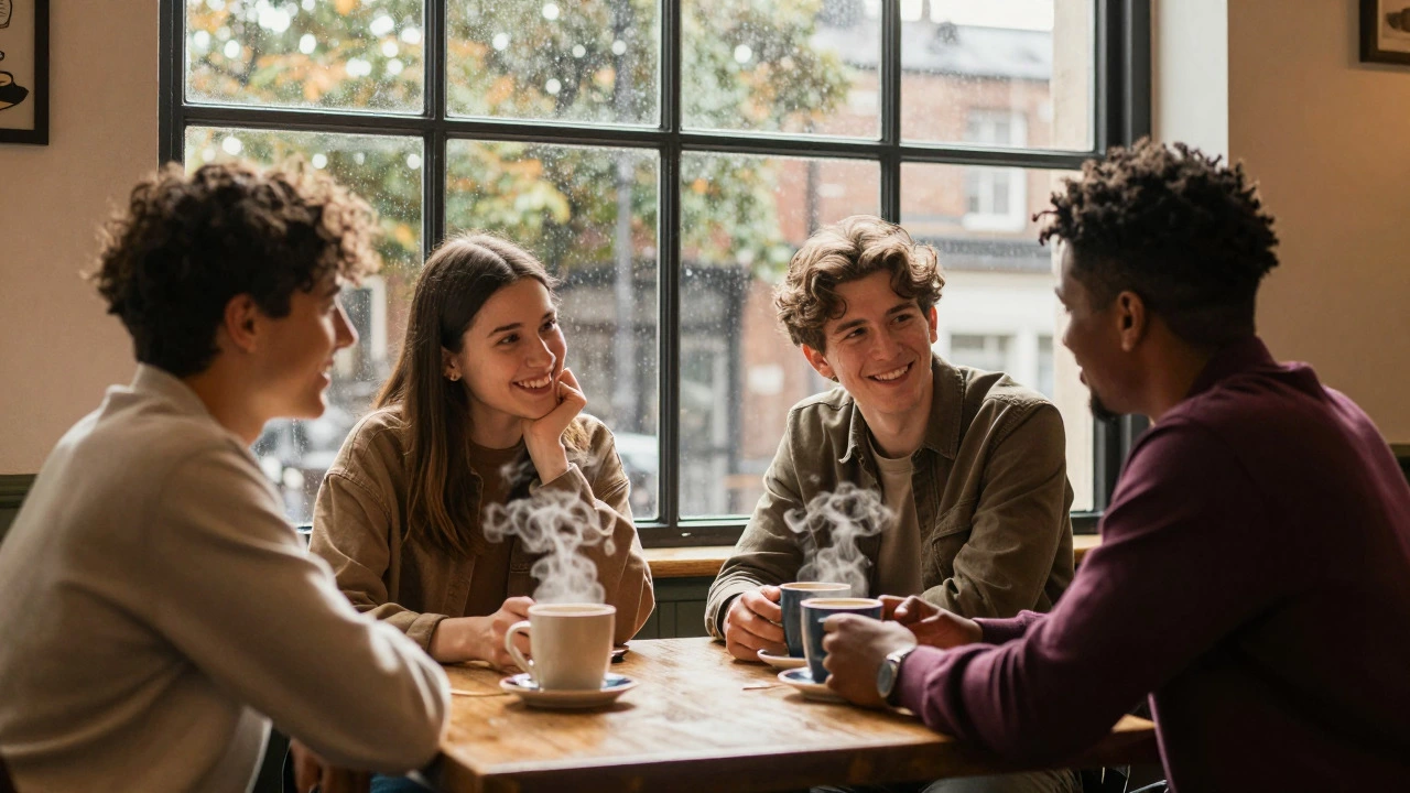 Diverse friends sharing a supportive conversation in a cozy cafe.