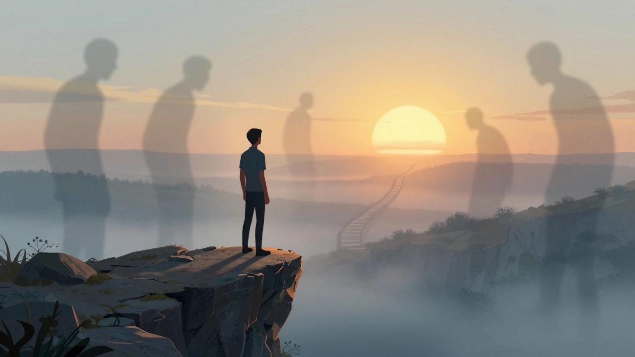 Figure standing on a cliff facing sunrise, leaving shadowy fears behind.
