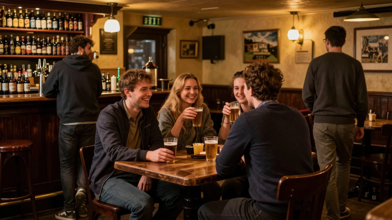 Friends enjoying drinks and conversation in a cozy British pub