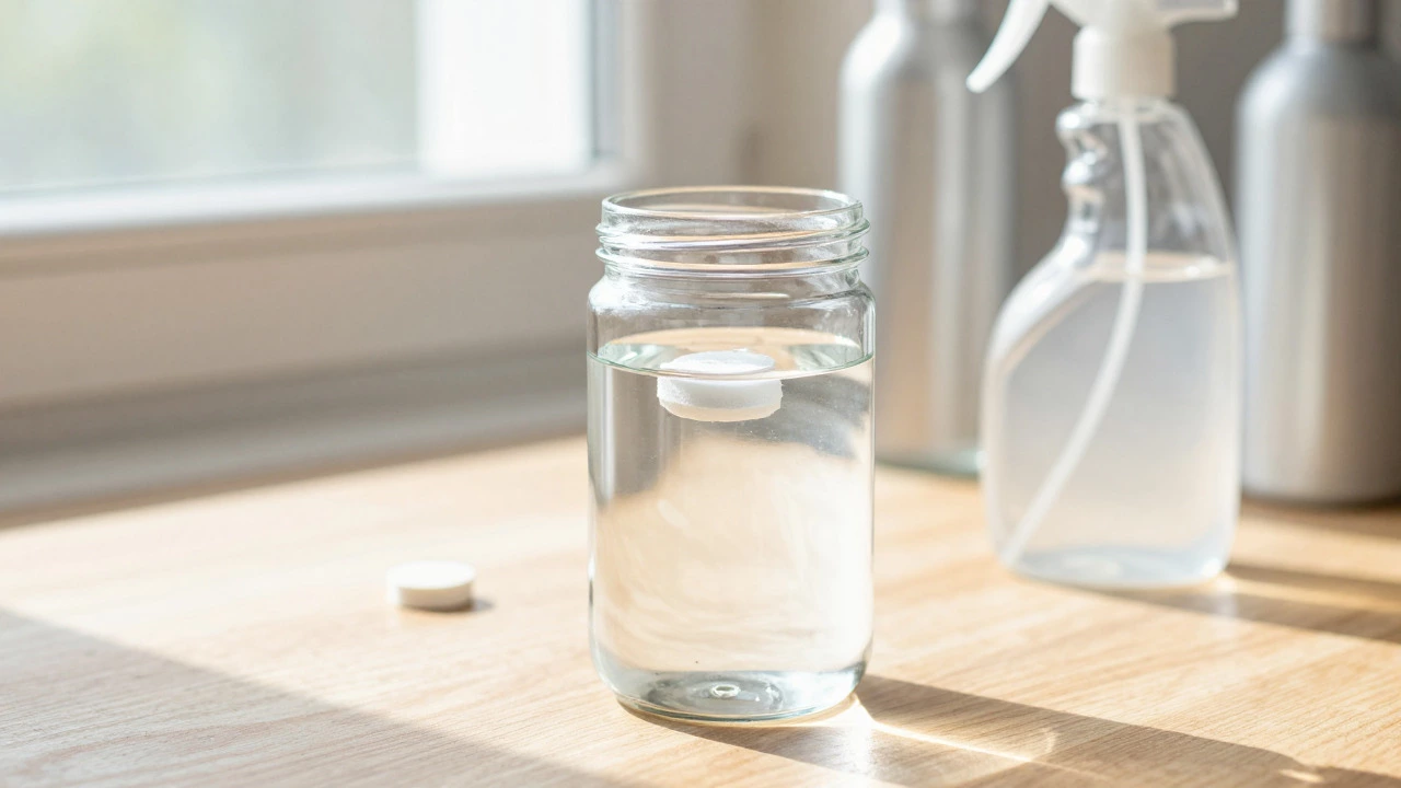 Glass jar with a cleaning tablet and a reusable spray bottle on a wooden table