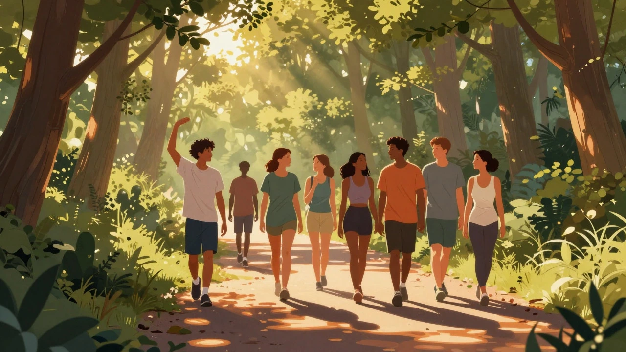 Group walking in a forest, symbolizing resilience and social support