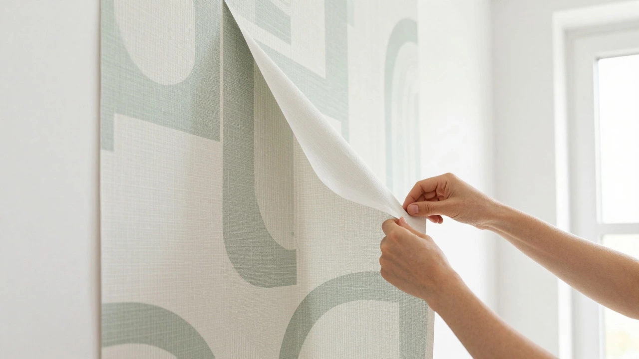Hands applying peel-and-stick wallpaper with a linen texture to a white wall in a bright room