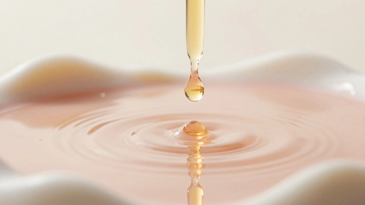 Macro shot of a serum drop falling onto a textured surface