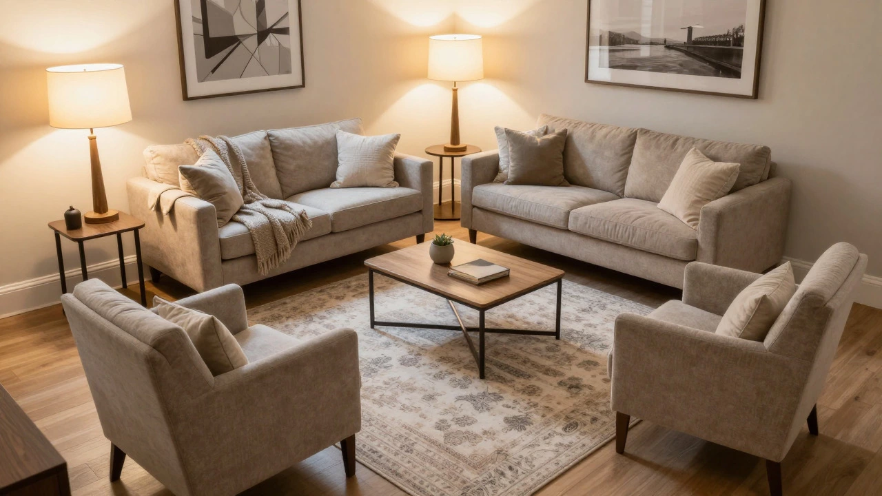 Neatly arranged living room with sofa pulled off wall and clear walking space