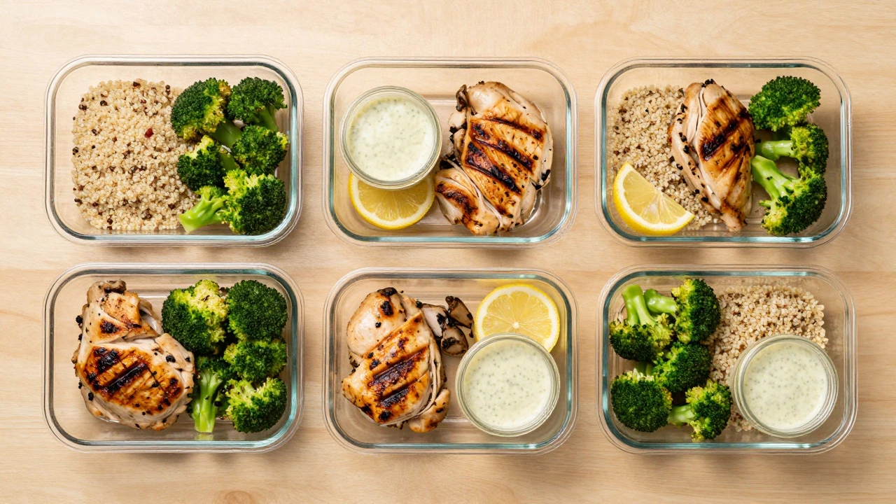 Overhead view of glass containers holding separate meal prep components like quinoa and chicken