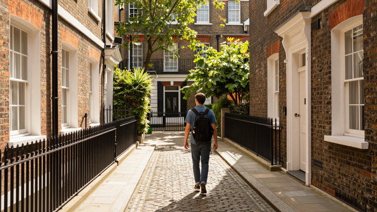 Pedestrian walking through a sunny, narrow historic alleyway in Central London with brick buildings