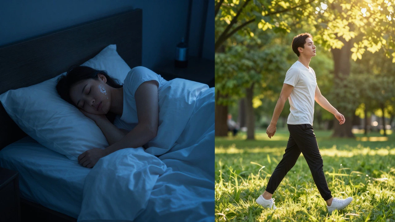 Person sleeping peacefully and walking in a sunny park