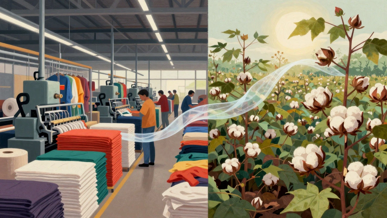 Split image showing a factory and an organic cotton field connected by a ribbon