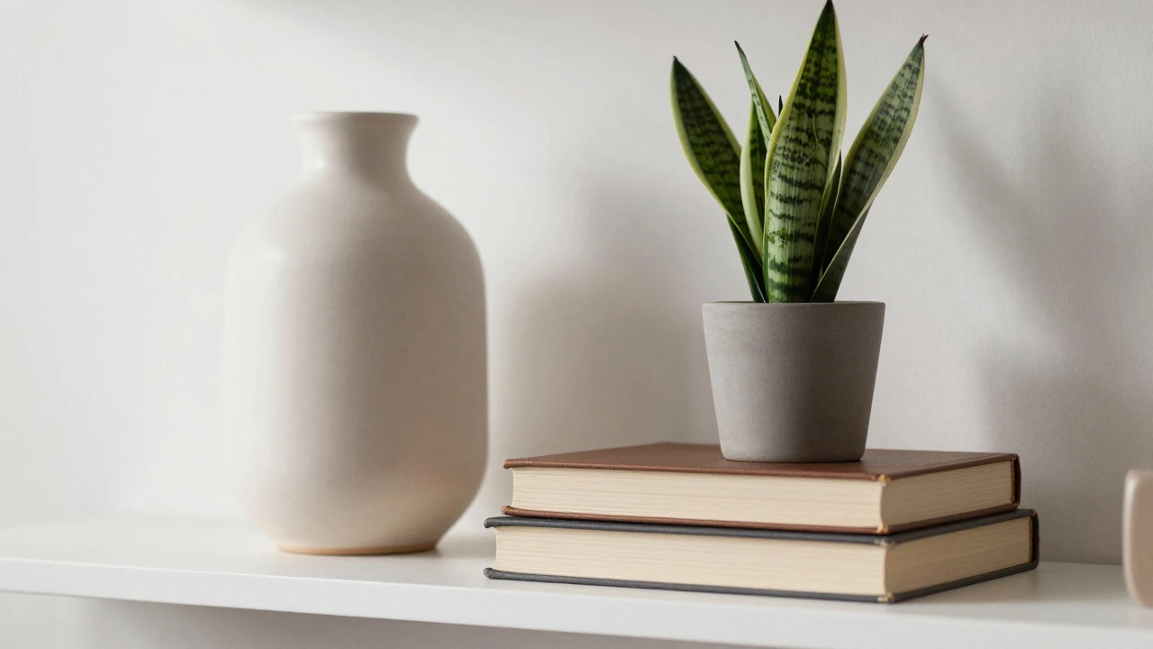 Styled shelf with vase, books, and plant arranged in a group of three