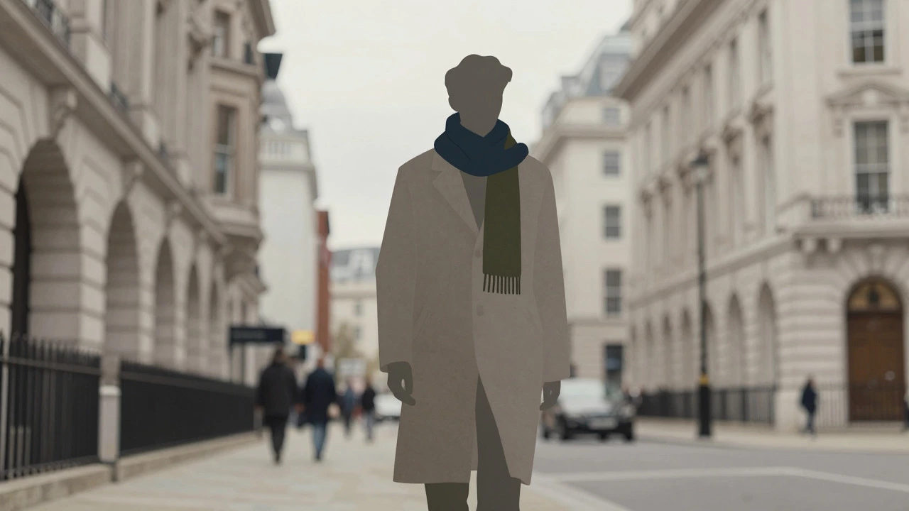 Stylized figure in neutral tones blending into the grey London streetscape