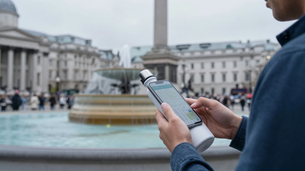 Traveler holding a reusable water bottle and smartphone near a fountain in a busy London square