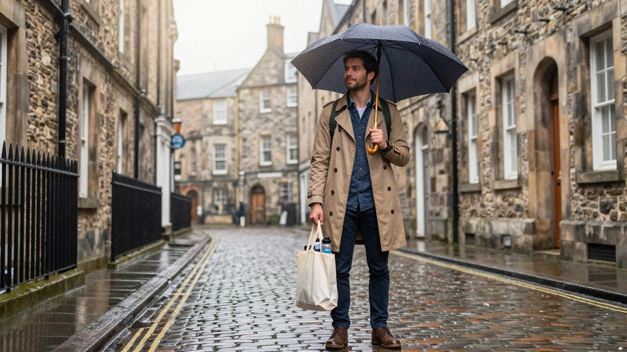 Traveler in layered clothes walking on cobblestone streets with umbrella