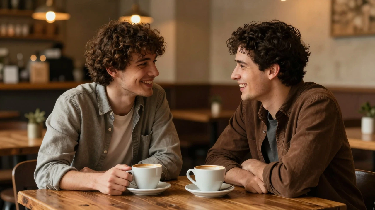 Two friends talking deeply at a cozy cafe table