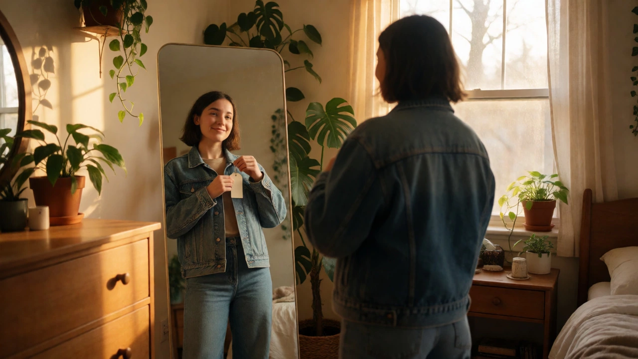 Woman happily trying on a vintage denim jacket in a sunlit bedroom.