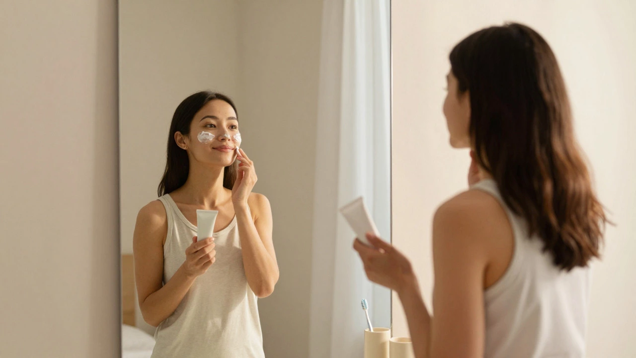 Woman pausing during her morning skincare routine in a sunlit room