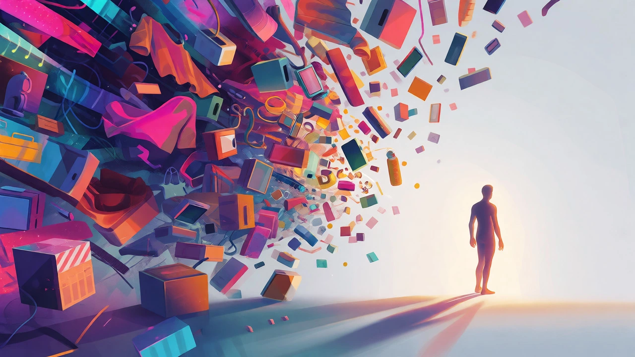 Abstract visualization of chaotic clutter dissolving into a calm, focused white space
