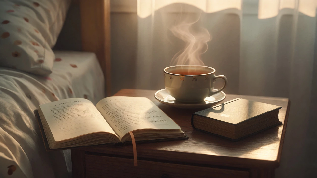 Bedside table with notebook, book, and tea in soft light