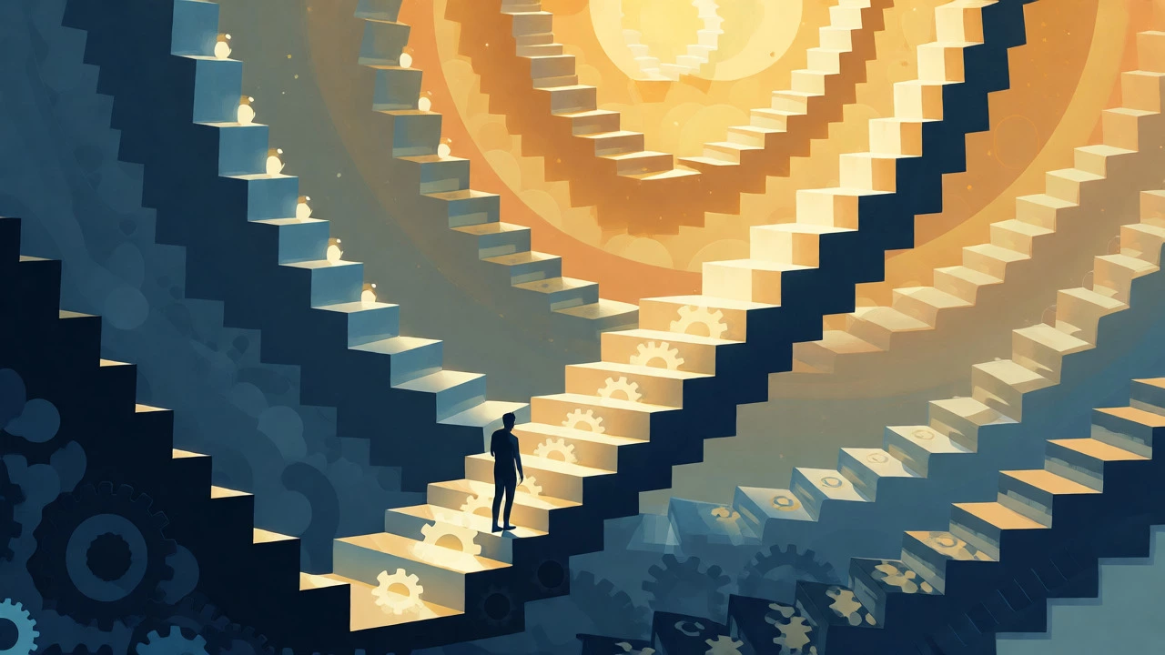 Conceptual art showing a figure climbing stairs representing gradual daily improvements