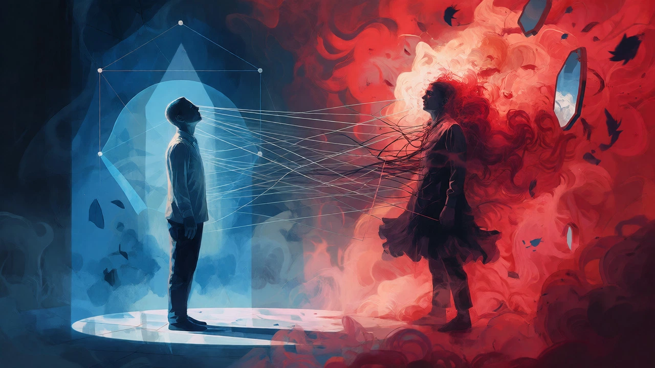 Conceptual art showing two figures representing different mental health conditions side by side.