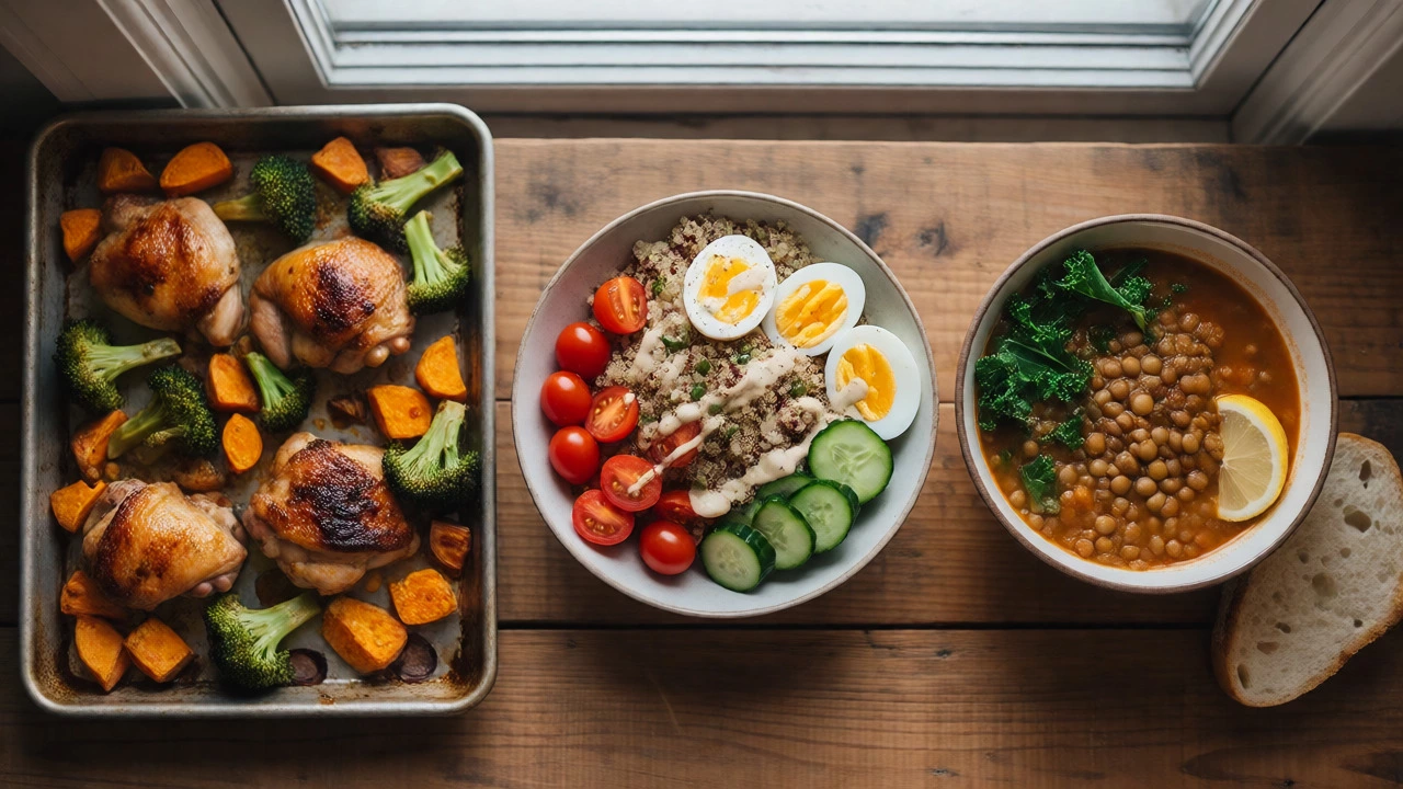 Flat lay of sheet pan chicken, grain bowl, and lentil soup on a wooden table.