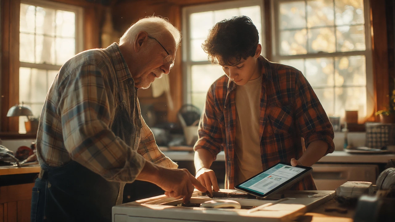Grandfather and grandchild collaborating on a home energy efficiency upgrade.