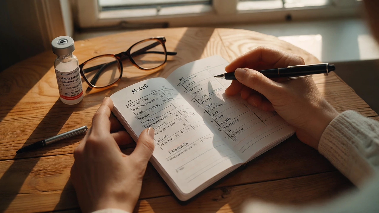 Hands holding a mood diary and blood test vial on a desk for self-monitoring.