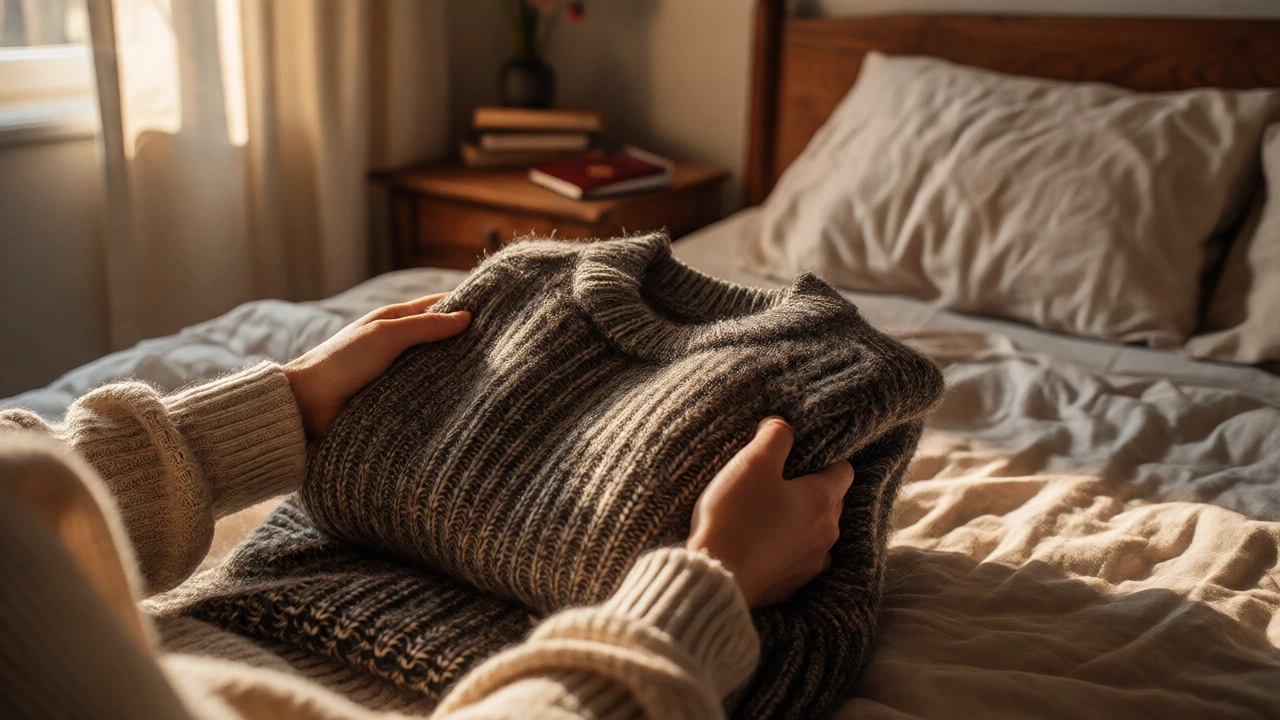Hands holding a quality wool sweater in a cozy, tidy bedroom with travel items