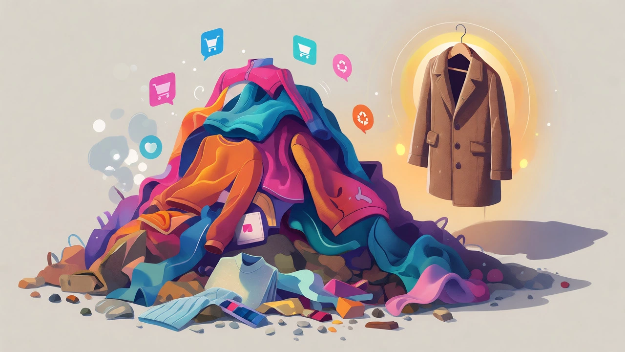 Illustration contrasting a pile of fast fashion waste with a single durable garment.