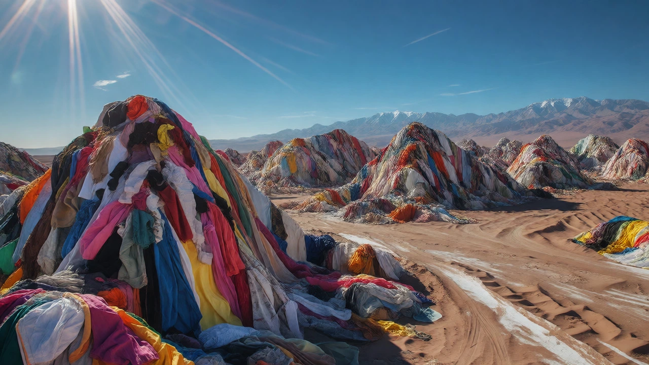 Massive mountains of discarded colorful clothes in the Atacama Desert.