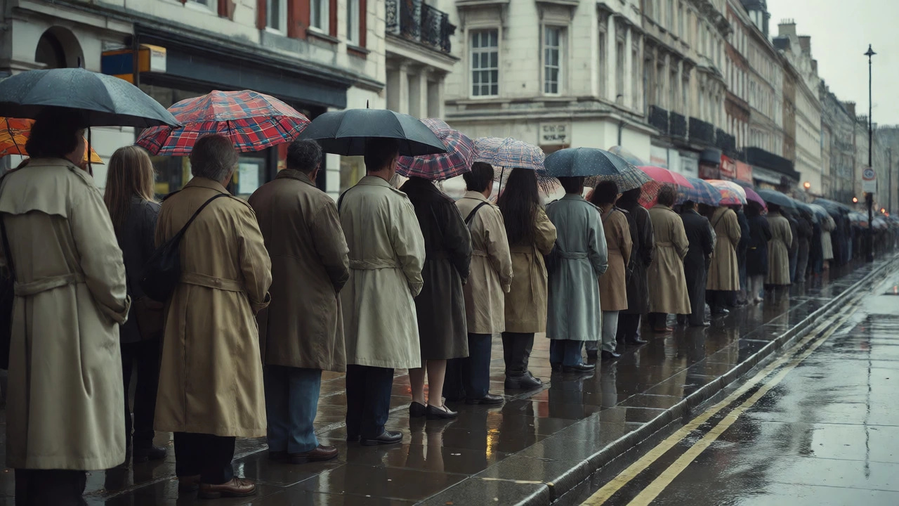 Orderly queue of people waiting at a rainy London bus stop