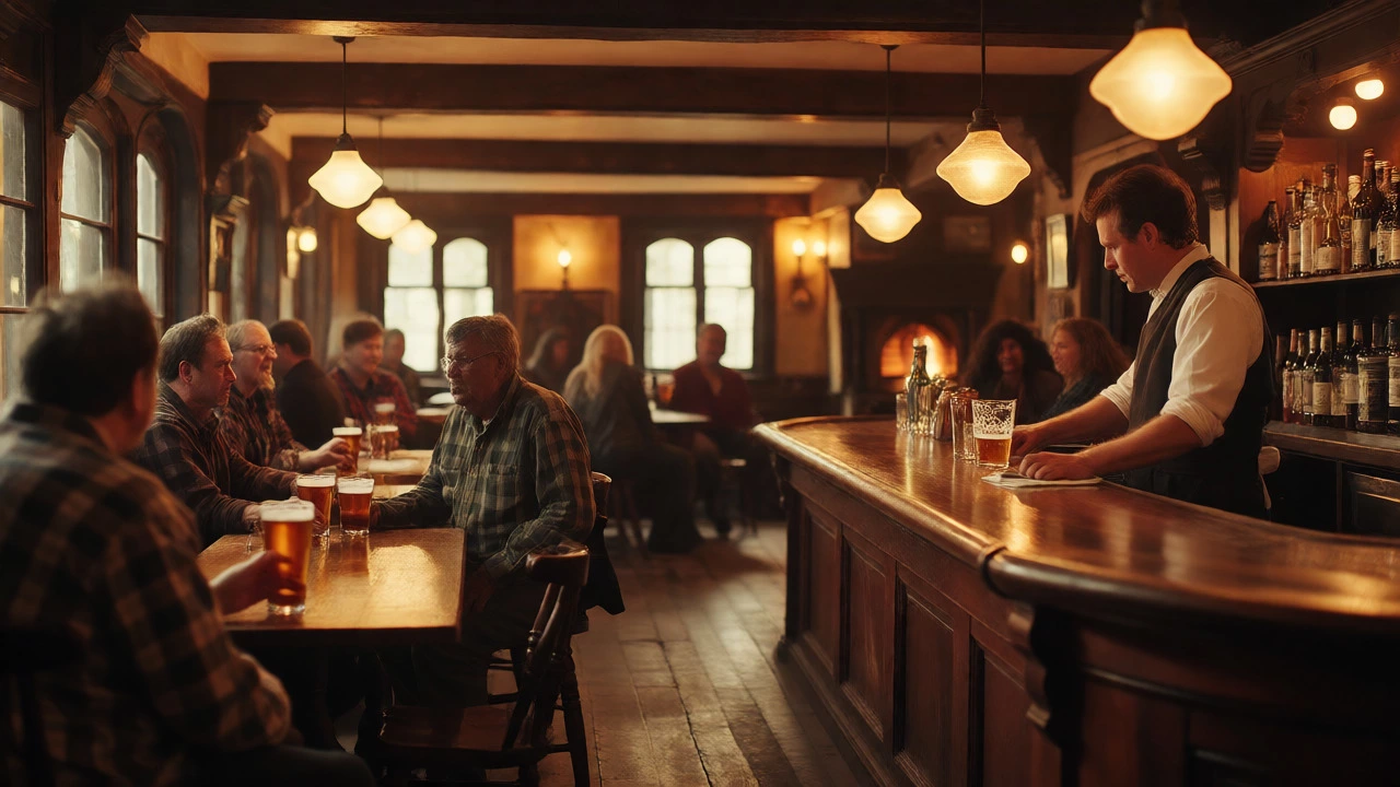 Patrons enjoying pints in a cozy traditional British pub interior