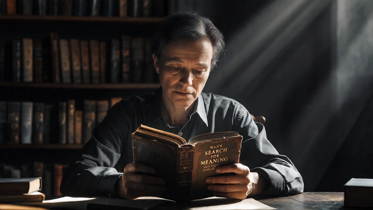 Person reading Man's Search for Meaning in dramatic, moody lighting