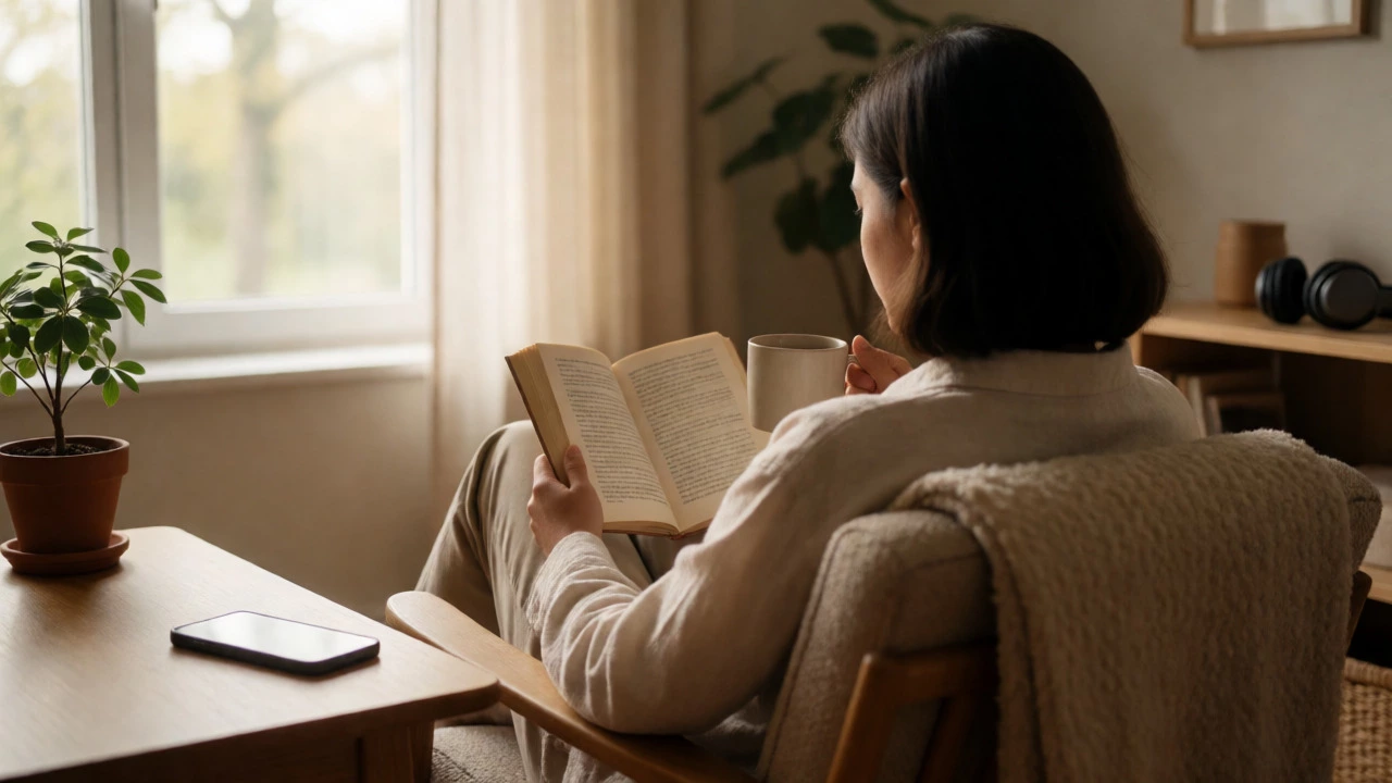 Person relaxing with book away from phone