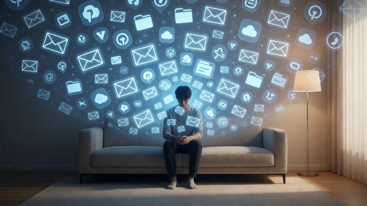 Person surrounded by digital clutter in a minimal room