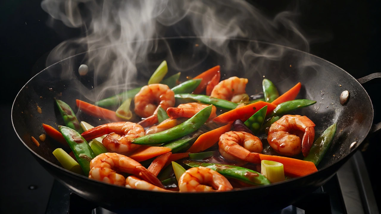 Sizzling shrimp and vegetable stir-fry being tossed in a hot wok with rising steam.