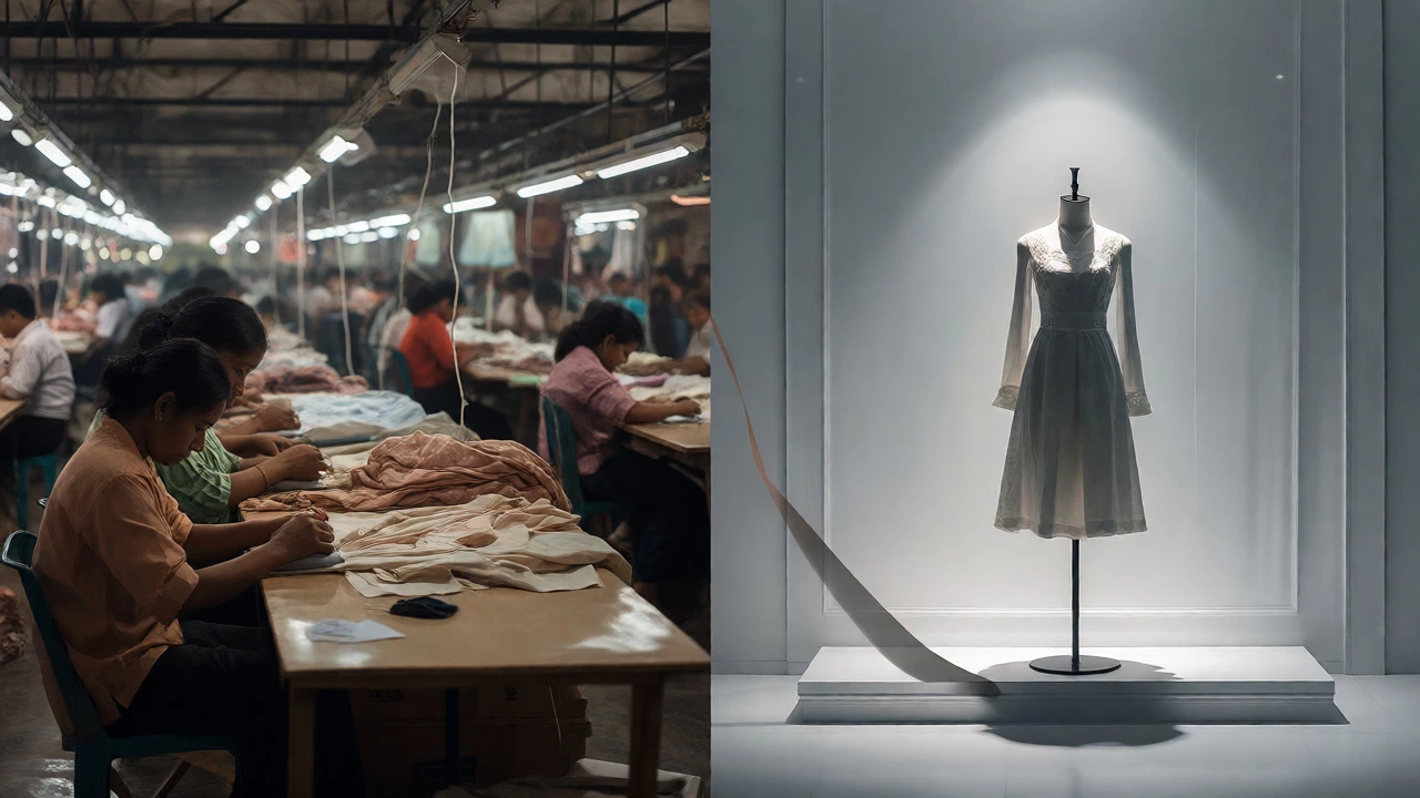 Split view of a busy garment factory and a minimalist retail display.