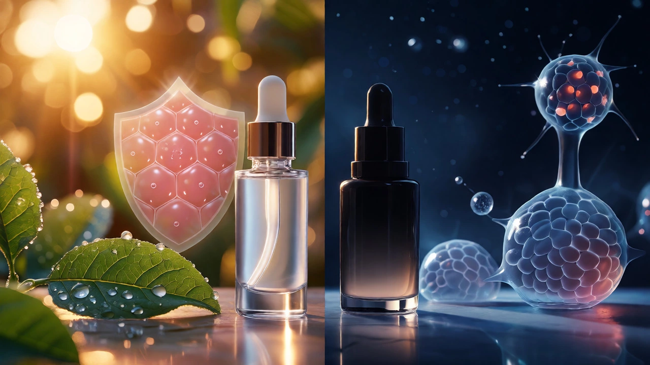Split view of day protection and night repair serums