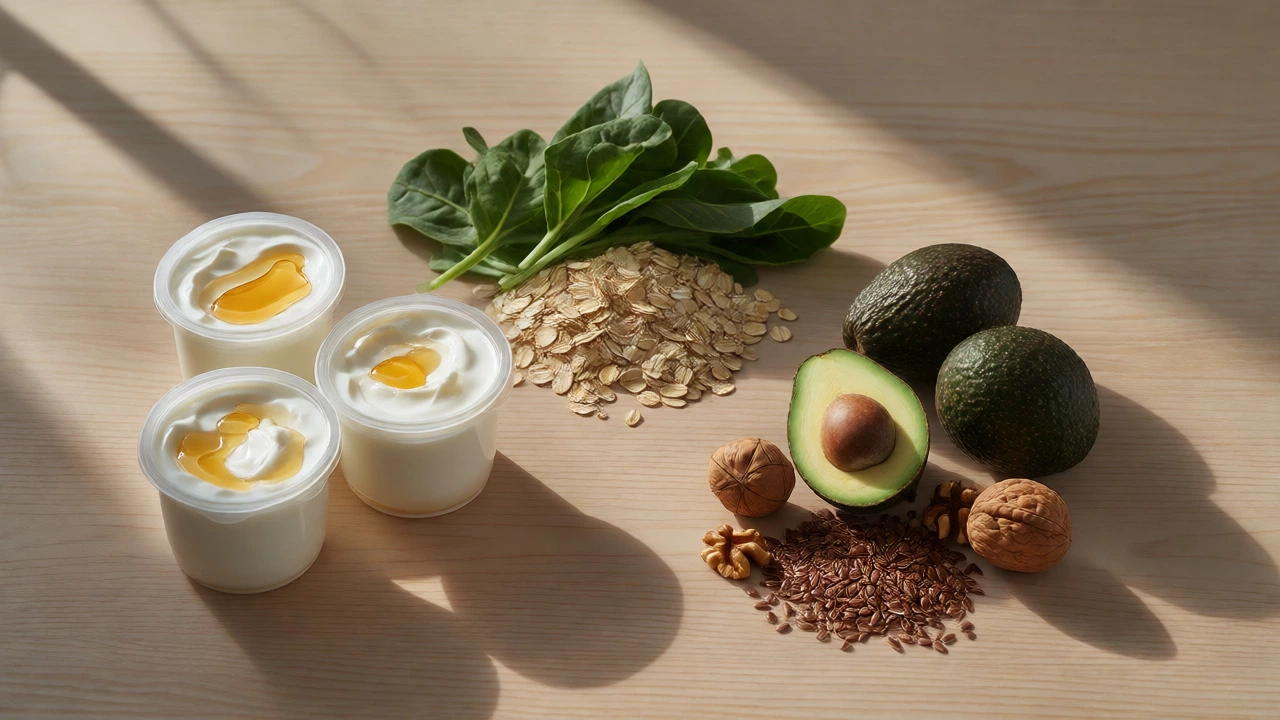 Arrangement of yogurt, oats, greens, avocado, and nuts