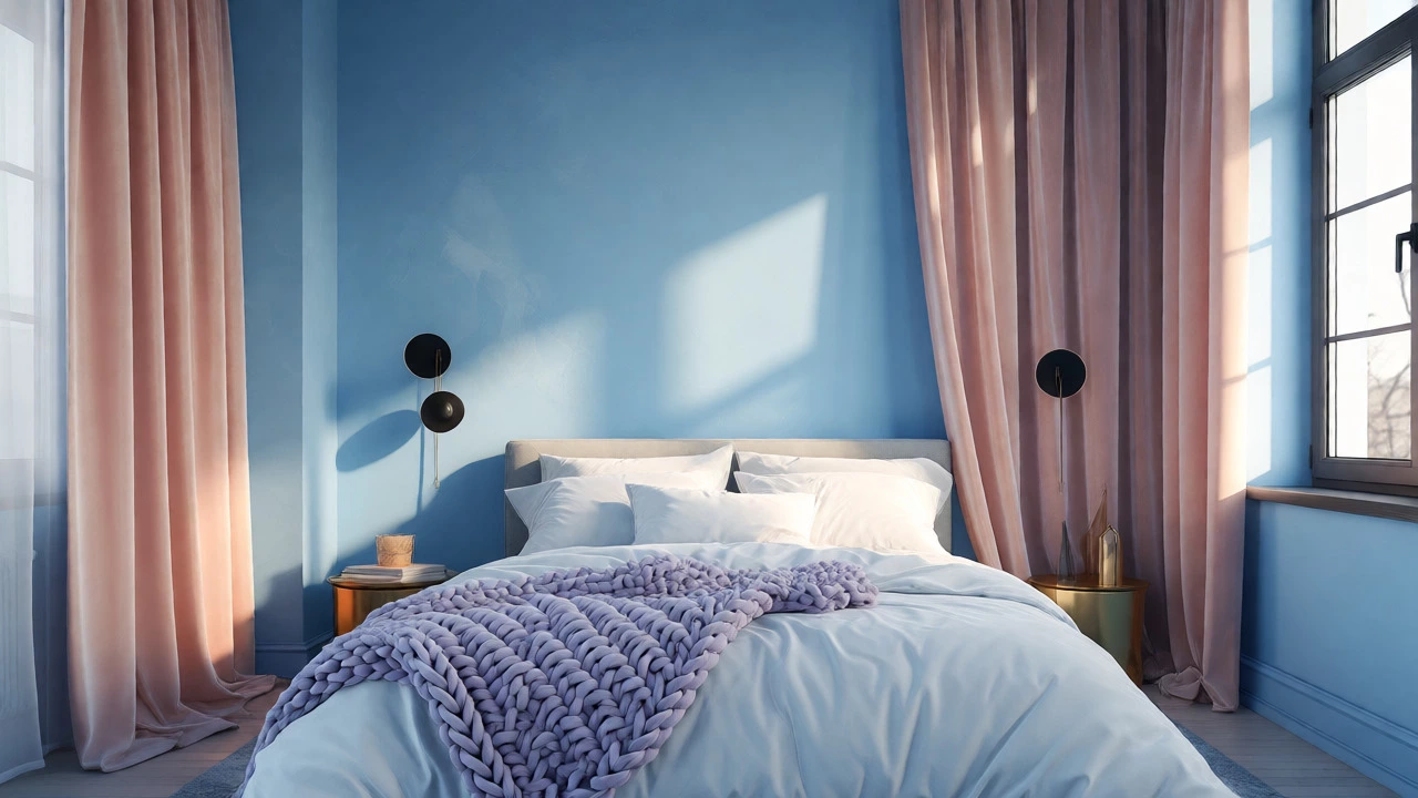 Calm bedroom with sky blue walls, velvet drapes, and black matte light fixtures.