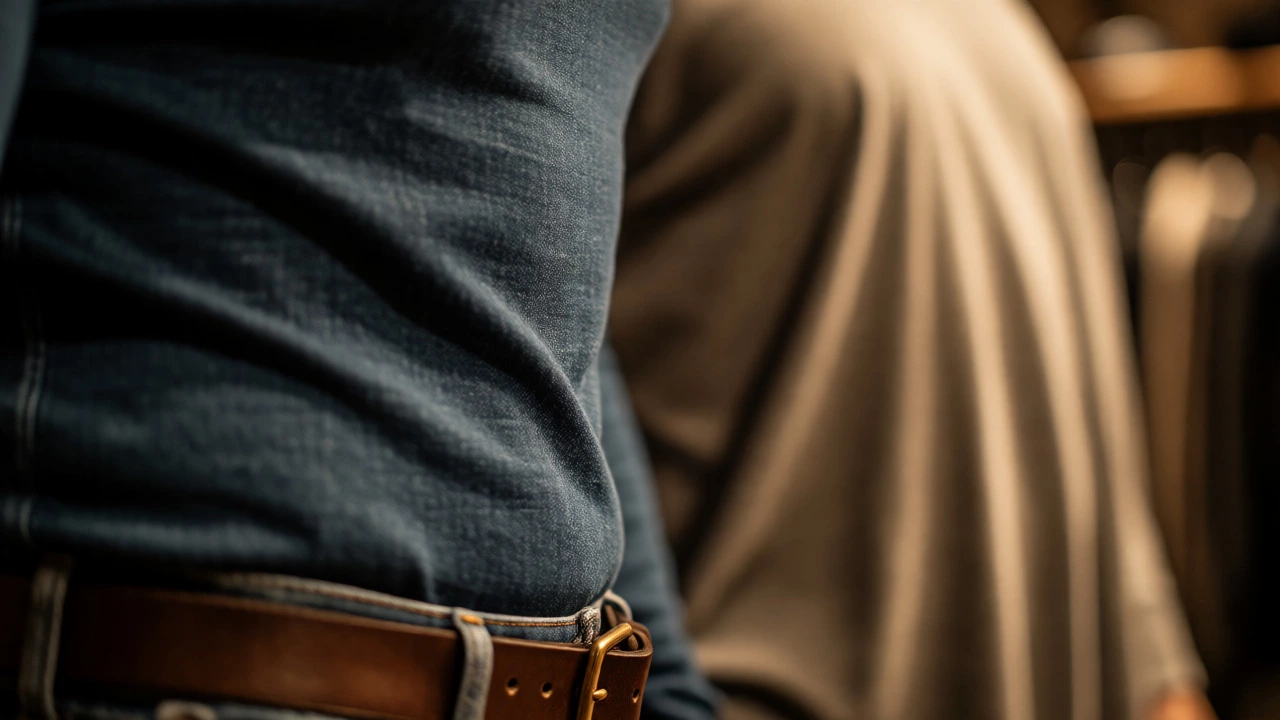 Close-up contrast between structured denim and draping fabric on different waists