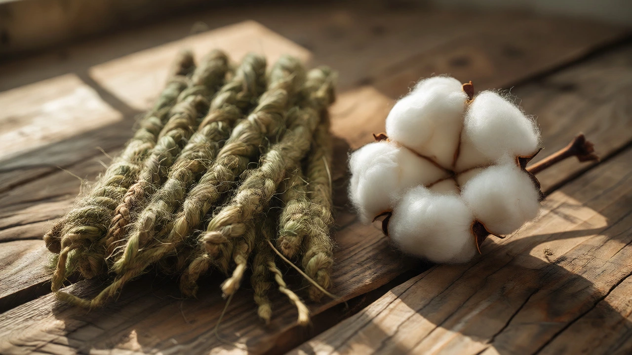 Comparison of coarse hemp fibers and soft cotton bolls on a wooden surface