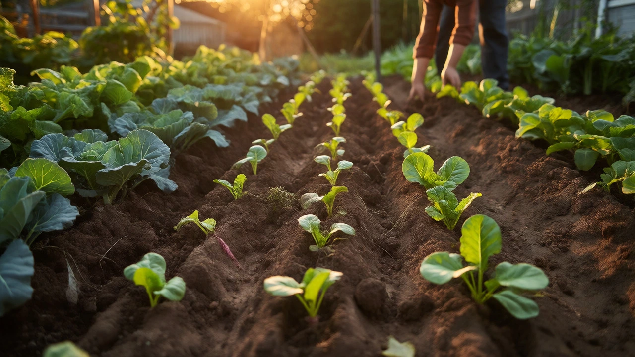 Gardener planting spinach after radishes in a succession-plotted garden