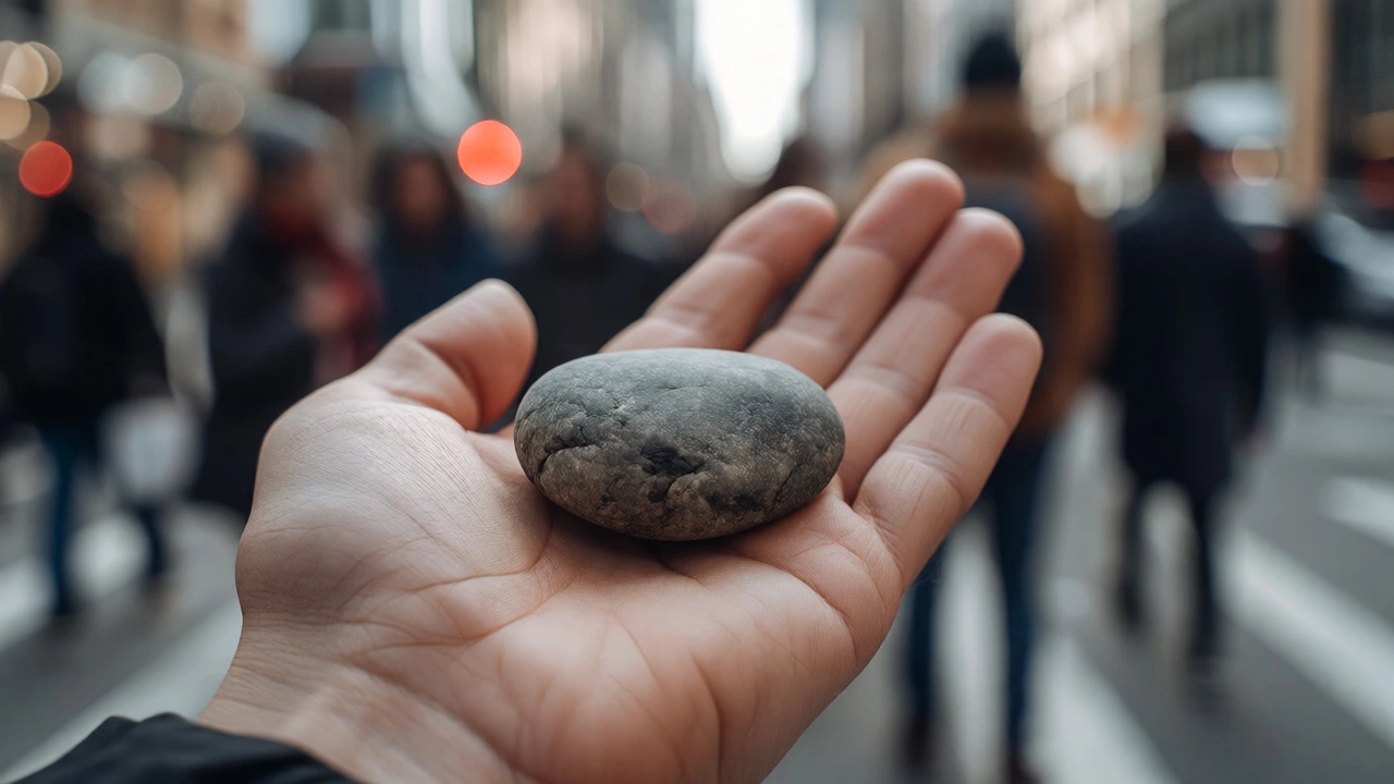 Hand holding a smooth stone against a blurred busy street