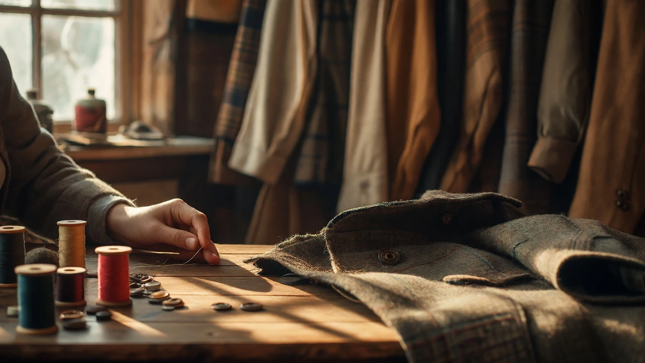 Hands mending a wool coat with needle and thread in a cozy room.