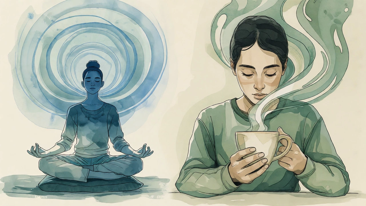 Illustration comparing seated meditation with mindful coffee drinking