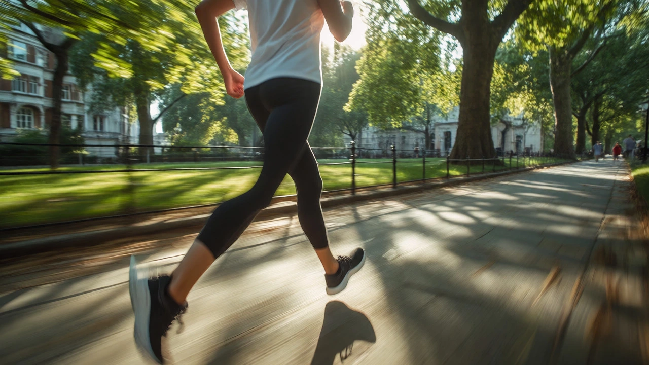 Individual walking briskly through a sunlit park, illustrating physical movement for mental clarity.
