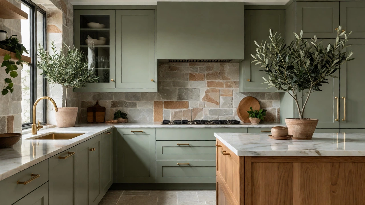 Modern kitchen with matte sage green cabinets, brass handles, and wooden island.