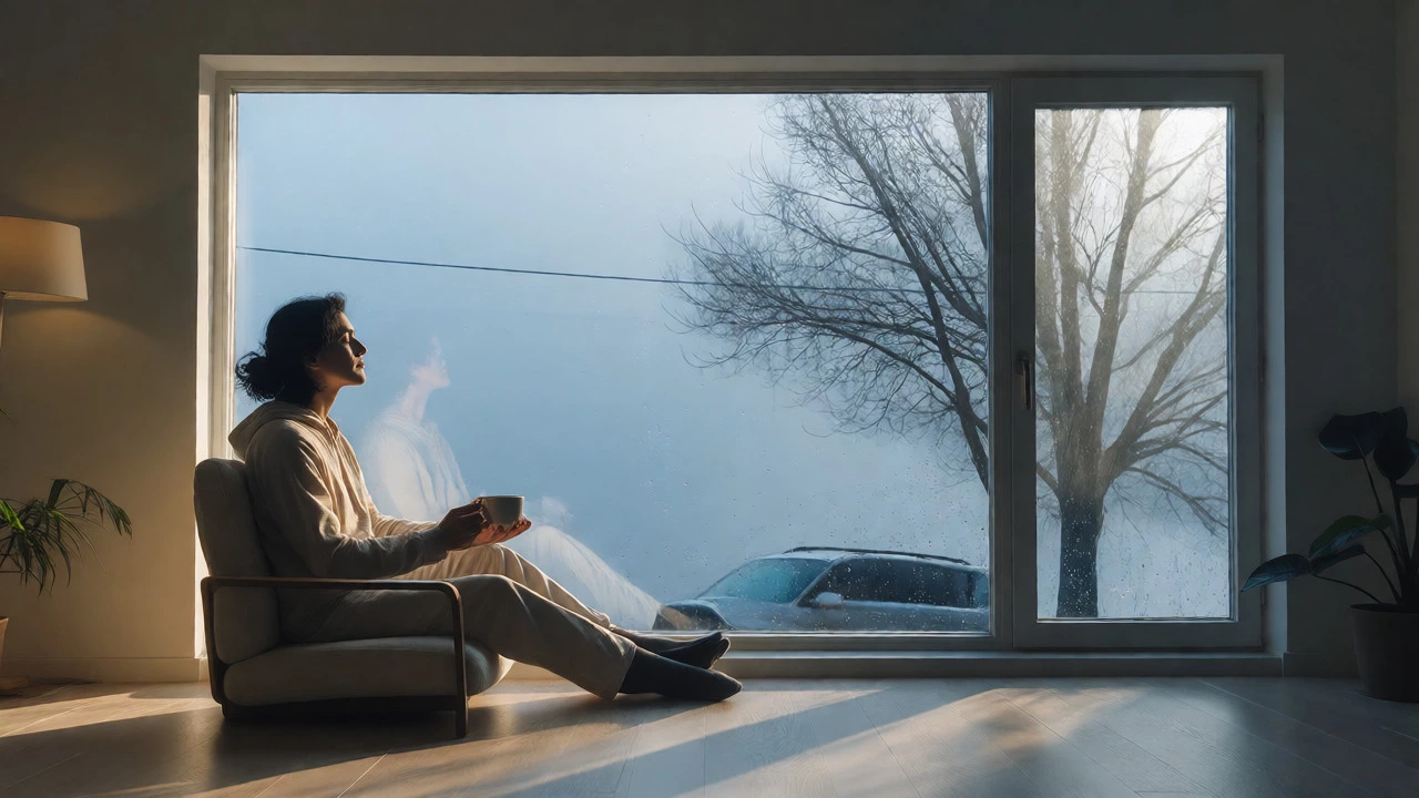 Person relaxing by a rainy window without devices, practicing digital detox and mindfulness.